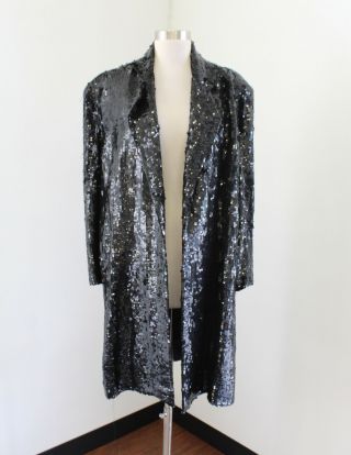 Vtg 80s Black Open Front Sequin Beaded Evening Formal Jacket Coat Size M Retro