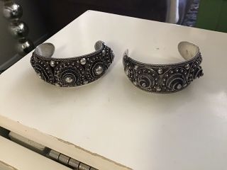 2x Ornate Vintage Sterling Silver Siam Cuff Bracelets.  72grams.  Approx.