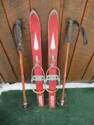 Vintage Wooden Skis 32 " Long With Red White Finish,  Cable Binding,  Bamboo Pole