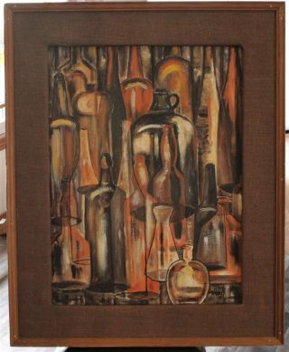 Vintage Mid Century Abstract Bottle Painting Signed By Mickey Baker - Circa 1966