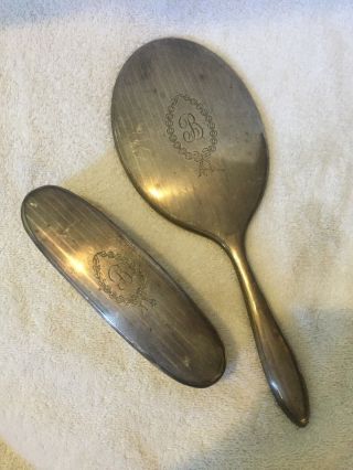 Vintage Sterling Silver Hand Mirror And Brush Vanity Set - Initial " B " Engraved