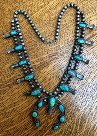 Vintage Navajo Indian Silver And Turquoise Squash Blossom Necklace - - Old Pawn??