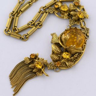 Vtg 1950 - 60s Givre Amber Art Glass Rhinestone Pinecone Tassle Pendant Necklace