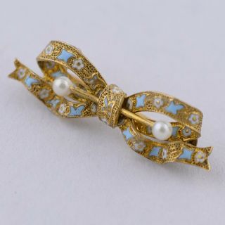 Antique Victorian 14k Gold Blue White Enamel Miniature Seed Pearl Bow Brooch Pin