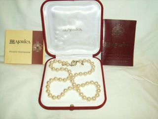 Vintage Majorica 24” Pearl Necklace Hand Knotted Box And Certificate