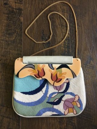 Vintage Moon Bags Patricia Smith Designs 1980 Floral Needlepoint Leather Purse