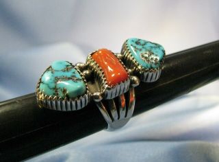 Vintage Sterling Silver Turquoise Nugget Coral Long Panel Ring Signed A J Size 7