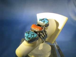 Vintage Sterling Silver Turquoise Nugget Coral Long Panel Ring Signed A J Size 7 2
