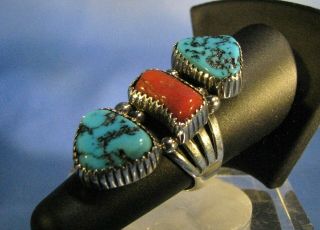 Vintage Sterling Silver Turquoise Nugget Coral Long Panel Ring Signed A J Size 7 3
