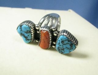 Vintage Sterling Silver Turquoise Nugget Coral Long Panel Ring Signed A J Size 7 4