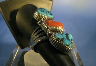 Vintage Sterling Silver Turquoise Nugget Coral Long Panel Ring Signed A J Size 7 5