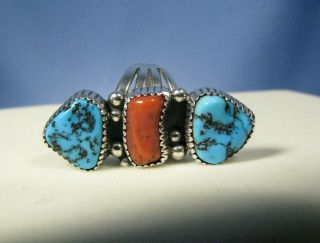 Vintage Sterling Silver Turquoise Nugget Coral Long Panel Ring Signed A J Size 7 6