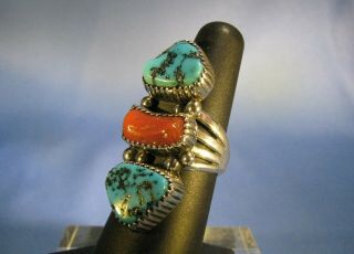 Vintage Sterling Silver Turquoise Nugget Coral Long Panel Ring Signed A J Size 7 7