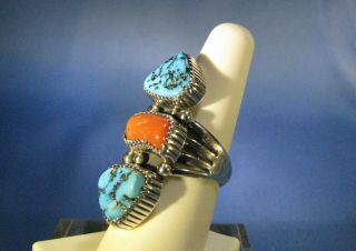 Vintage Sterling Silver Turquoise Nugget Coral Long Panel Ring Signed A J Size 7 8