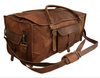 28 inch Mens Vintage Leather Flap Duffel Carry On Weekender Travel Bag 2