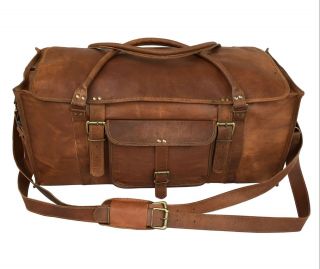 28 inch Mens Vintage Leather Flap Duffel Carry On Weekender Travel Bag 3