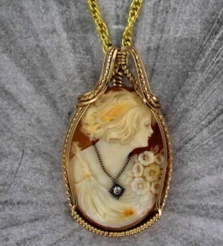 Large Antique Diamond Shell Pendant Necklace In 14kt Rolled Gold Carved In Italy