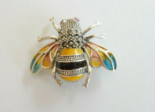 Plique A Jour Enamel Ruby Bee Wasp Pendant Brooch Solid Silver