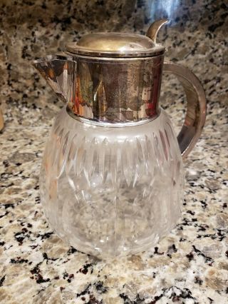Vintage Antique Large Water Pitcher Crystal Glass And Silver Plate Heavy Pourer