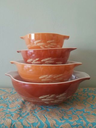 Vintage Pyrex Nesting Bowl Set Autumn Harvest Wheat Pattern.  Rust Burnt Orange