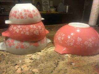 Vintage Pyrex Pink Gooseberry Cinderella Nesting Bowls Set Of 4 441 - 444