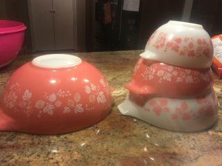 Vintage Pyrex Pink Gooseberry Cinderella Nesting Bowls Set of 4 441 - 444 3