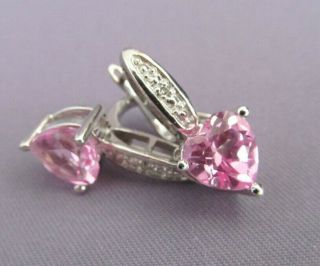 Vintage Hds 10k White Gold Solitaire Pink Sapphire Heart Shape Diamond Earrings