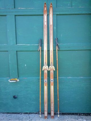 Vintage Hickory Wooden 76 " Skis Has Light Brown Finish With Bamboo Poles