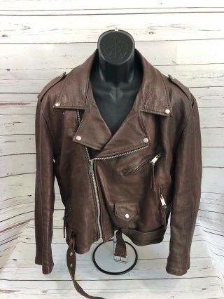 Vintage Brown Leather Biker Jacket Size 50 Ripples
