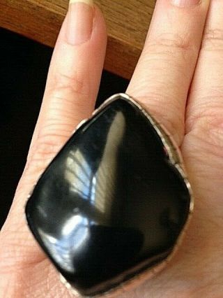 Rebecca Collins Huge Rare Obsidian Adjustable Sterling Cocktail Ring Signed