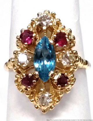 14k Yellow Gold Blue Topaz Natural Ruby Fine Diamond Ladies Vintage Ring