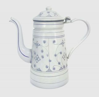 Vintage Enamelware Graniteware Coffeepot Blue White Straw Flower Pattern Germany