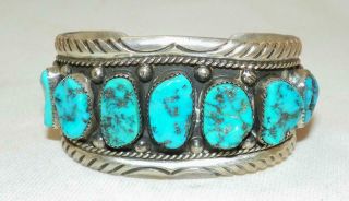 Important Vintage Navajo Henry Roanhorse Sterling Chisel Cut Turquoise Bracelet