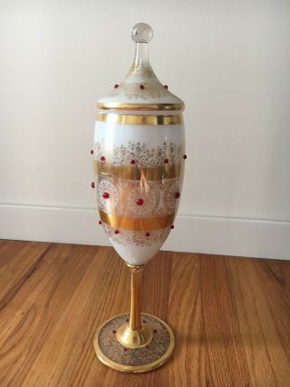 Vtg Bohemian Art Glass Lidded Urn/goblet Amber Gold Gilt Jeweled