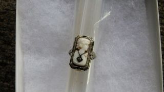 Vintage 14 K White Gold Cameo And Black Onyx Both With Diamond Flip Ring