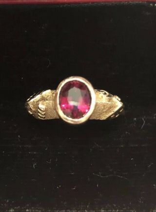 Vintage 14k Yellow Gold Etruscan Ring Red Ruby Fine Jewelry Heavy Band Size 5.  5