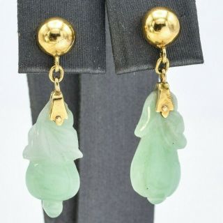 Vintage 14k Yellow Gold Translucent Carved Green Jade Dangle Earrings 3.  6 Gr