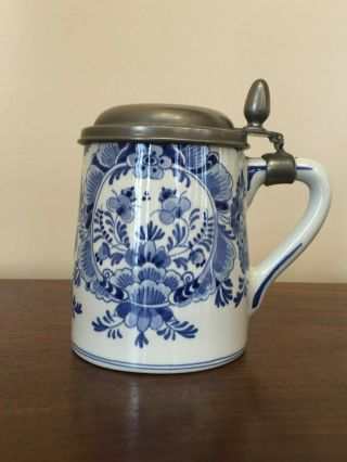 Vintage Royal Delft De Porceleyne Fles Blue Tankard Stein W/ Pewter Lid