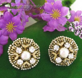 Vintage Miriam Haskell Baroque Seed Pearl Gold Filigree Rhinestone Earrings Clip