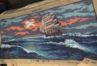 Diamant Large Needlepoint Tapestry Canvas Full Color Vintage Ship Ocean 43”x 20”
