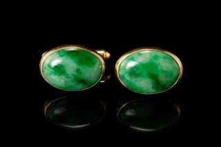 Vintage Chinese Imperial Apple Green Jade 14k Gold Cufflinks A26030
