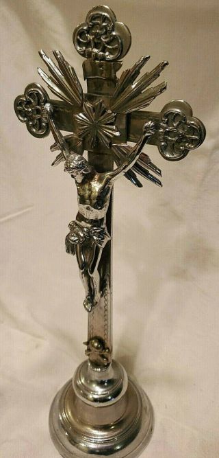 Vtg Large Crucifix Catholic Cross Christian Jesus Statue Silver Metal 15.  5 " 900g