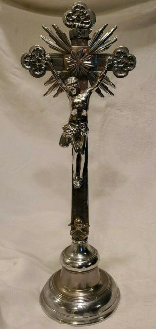 Vtg LARGE CRUCIFIX Catholic Cross Christian Jesus Statue Silver Metal 15.  5 
