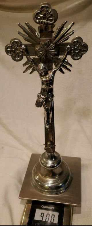 Vtg LARGE CRUCIFIX Catholic Cross Christian Jesus Statue Silver Metal 15.  5 