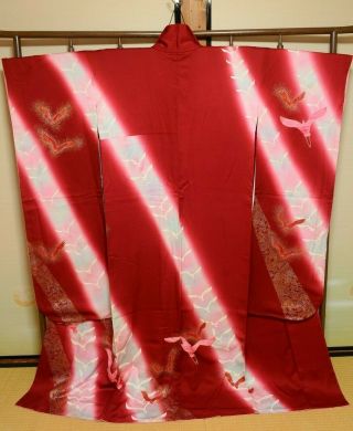Furisode Silk Kimono Women Japanese Vintage Robe Red Bird 162cm /727