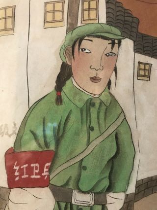 Vintage Communist Chinese Propaganda Art PAINTING Young Woman Mao 4