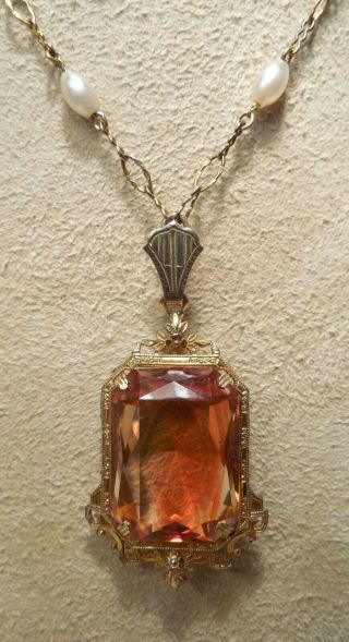 Vintage - Art Deco - Ornate Design - Faceted Orange Stone - Pearls - Gold Tone - Necklace