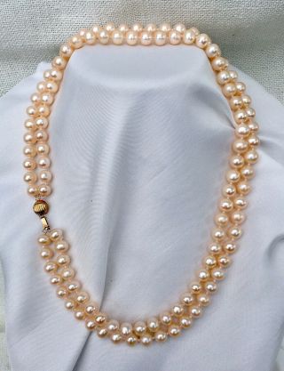 Classic Vintage Estate 8 Mm Cultured Pearl Double Strand Necklace 14k Gold Clasp