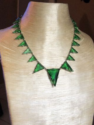 Vtg Open Bezel Pointed Back Crystal Emerald Green Necklace Old Art Deco