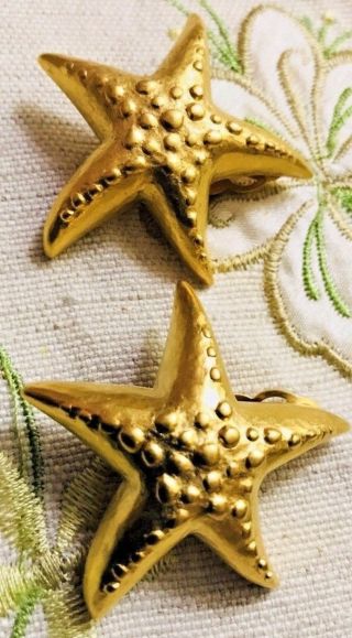 Large Vintage Rare Runway Givenchy Brushed Gold Star Seastar Clip On Earrings